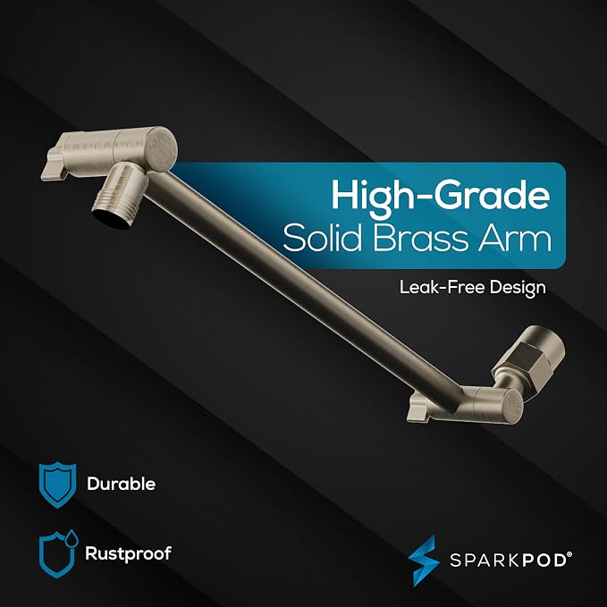 SparkPod 8" Square Rain Shower Head with 11" Shower Arm | Shower Head & Extension Arm Combo, Height Adjustable, High Pressure Performance, Easy 1-Minute Installation, Brushed Nickel