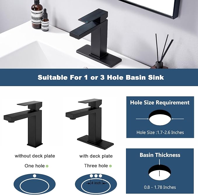 Matte Black Bathroom Faucet, Stainless Steel Single Handle Faucet with Pop Up Drain & Deck Plate, Fits 1 or 3 Hole Countertop, Single Hole Bathroom Installation, Ideal for Vanity & Lavatory Sinks