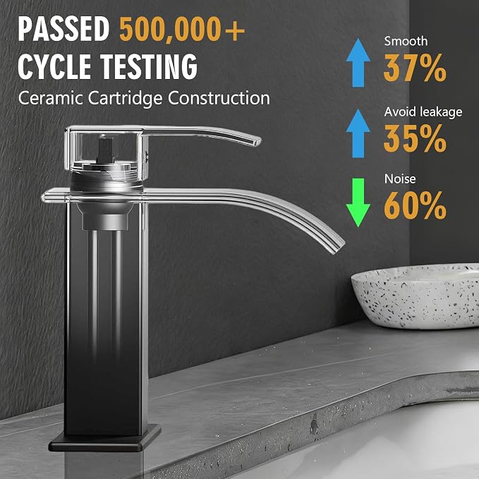 Bathroom Sink Faucet, Waterfall Bathroom Faucet with Pop-up Drain, Supply Hoses and Deck Plate, Suitable for 1 or 3 Holes, Mate Black