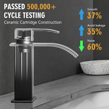 Bathroom Sink Faucet, Waterfall Bathroom Faucet with Pop-up Drain, Supply Hoses and Deck Plate, Suitable for 1 or 3 Holes, Mate Black