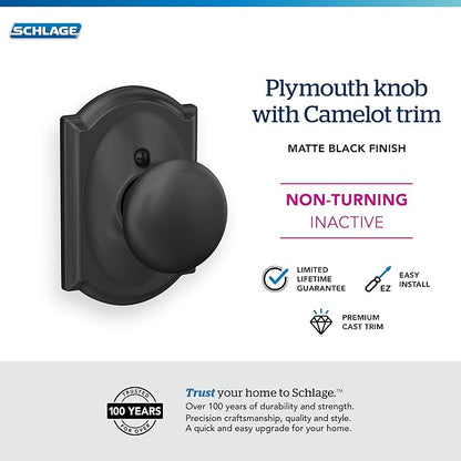 SCHLAGE Plymouth Knob with Camelot Trim Non-Turning Lock, Matte Black (F170 PLY 622 CAM)