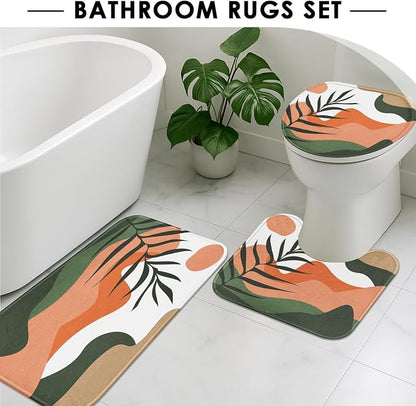 Bathroom Sets with Shower Curtain and Rug 4 Pcs, Boho Sun Mountain | Mid Century Abstract Bathroom Decor Set with Toilet Lid Cover, Non-Slip Bath Mats and Accessories 12 Hooks
