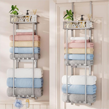 HapiRm Towel Rack Bathroom Storage - 3 Tier Over The Door & Wall Mounted Rolled Towel Racks Holder Organizer with Metal Shelf and 6 Hooks for Small Bathroom, Camper, Rv - Sliver