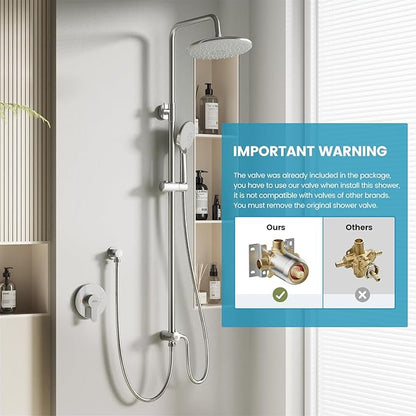 Hurran Shower System with 10 Inch Rain Shower Head and Handheld Sprayer, 3-Function Wall Mounted Bathroom Shower Faucet Set Height Adjustable Holder, Shower Trim Kit Valve Included, Brushed Nickel