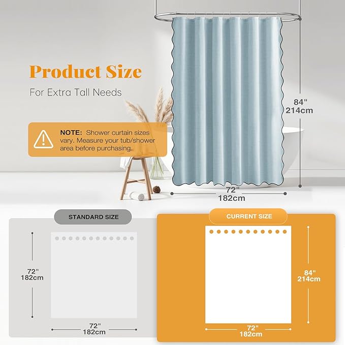 BTTN 84 inch Shower Curtain, Extra Long Scalloped Boho Linen Textured Thick Cloth Shower Curtain Set with 12 Hooks, Large Elegant Modern Waterproof Fabric Shower Curtains for Bathroom, 72x84, Fog Blue