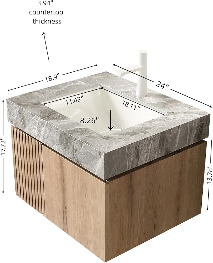 KEIKI 24 Inch Floating Bathroom Vanity with Sink, White Oak & Grey | Modern Wall Mounted Storage Cabinet with 2 Doors, Pre-assembled Wood Panels, Sintered Stone Top & Ceramic Basin Combo Set