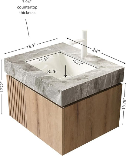 KEIKI 24 Inch Floating Bathroom Vanity with Sink, White Oak & Grey | Modern Wall Mounted Storage Cabinet with 2 Doors, Pre-assembled Wood Panels, Sintered Stone Top & Ceramic Basin Combo Set