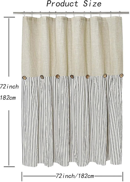 DOSLY IDÉES Farmhouse Shower Curtain, Beige and Black Stripe, Button Curtain, Linen and Cotton Woven Fabric, Rustic Charm Country Chic Style, 72x72 in