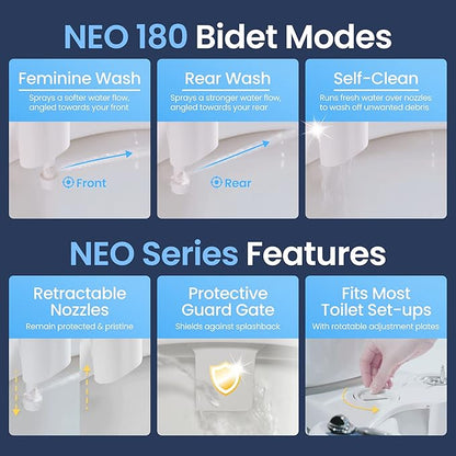 LUXE Bidet NEO 180 - Dual Nozzle, Self-Cleaning, Non-Electric Bidet Attachment for Toilet Seat, Adjustable Water Pressure, Rear & Feminine Wash, with Lever Control (Blue)