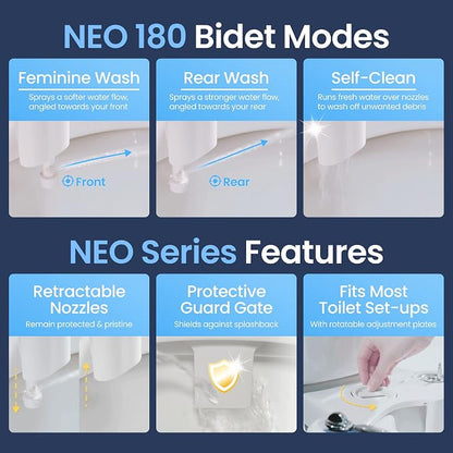 LUXE Bidet NEO 180 - Non-Electric Bidet Attachment for Toilet Seat, White | Dual Nozzle, Self-Cleaning, Adjustable Water Pressure, Rear & Feminine Wash, with Lever Control