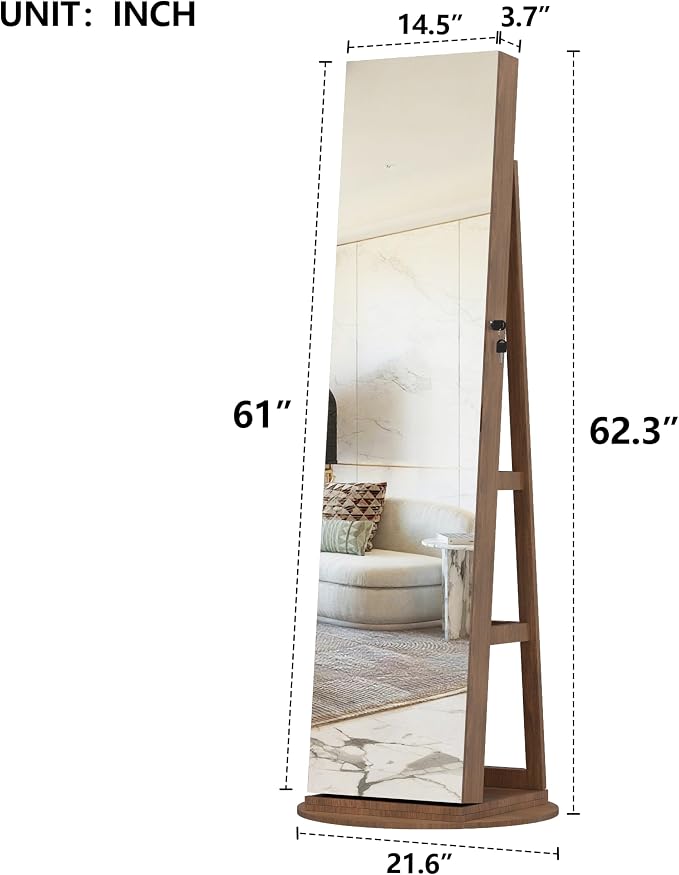 Dancongtea 360° Swivel Jewelry Cabinet with Full Length Mirror, Rotating Standing Armoire Organizer, Lockable Storage, Interior Lighted Mirror, Light Walnut