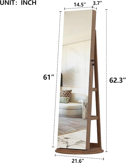 Dancongtea 360° Swivel Jewelry Cabinet with Full Length Mirror, Rotating Standing Armoire Organizer, Lockable Storage, Interior Lighted Mirror, Light Walnut