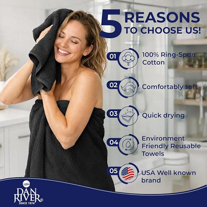 DAN RIVER 8 Piece Luxury Bath Towels for Bathroom, Towel Set, Black | 2 Bath towels, 2 Hand towels, and 4 Wash Cloths, 600 GSM 100% Ring Spun Cotton, Highly Absorbent, Gym, Hotel, guest, and Spa