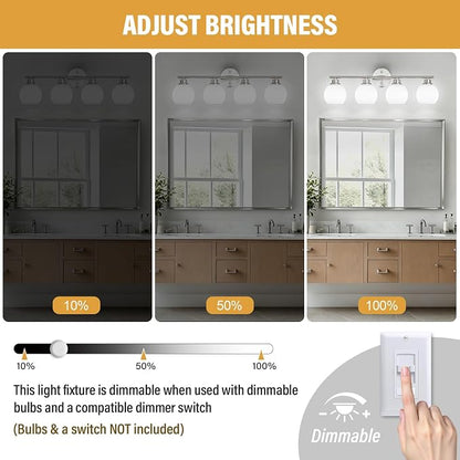 Brushed Nickel Bathroom Light Fixtures, 4-Light Vanity Light Over Mirror | Modern Bathroom Lighting Over Mirror, Wall Sconces, Milky White Globe Glass Shades, E26 Socket,ETL Listed