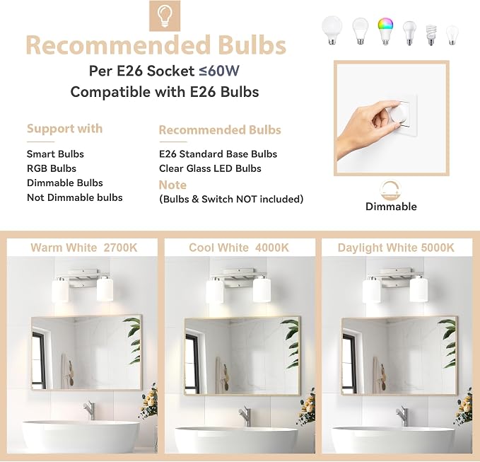 Honesorn Bathroom Vanity Light, 2 Light, Brushed Nickel, Frosted Shades | Bathroom Light Fixtures Over Mirror, Modern Bathroom Lights ,Wall Sconces, Anti-Rust, E26 Socket (Bulbs Not Included)