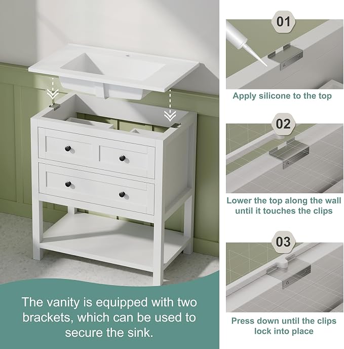 30 Inch Bathroom Vanity with Sink, White | Farmhouse Storage Cabinet with SMC Integrated Sink, Drawers & Open Storage Shelf, Easy Assembly & Adjustable Feet