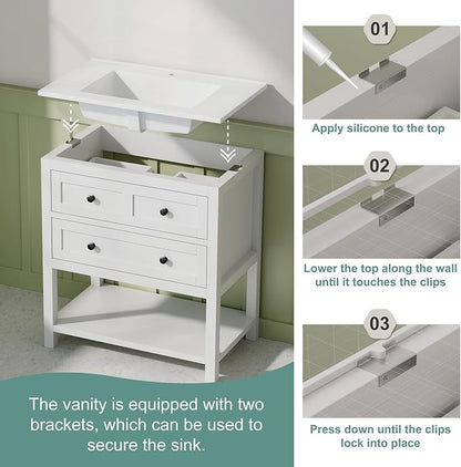 30 Inch Bathroom Vanity with Sink, White | Farmhouse Storage Cabinet with SMC Integrated Sink, Drawers & Open Storage Shelf, Easy Assembly & Adjustable Feet