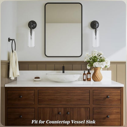 Single Handle Tall Bathroom Vessel Sink Faucet,Matte Black Square Single Hole Waterfall Above Counter Sink Faucet with Metal Pop Up Drain Without Overflow and Water Supply Line,FH05-MB-V