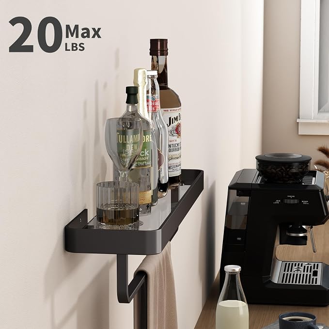 20 Inch Long Floating Bathroom Shelf with Towel Bar, Clear Tempered Glass Wall Shelf for Bathroom Storage Organizer, Matte Black
