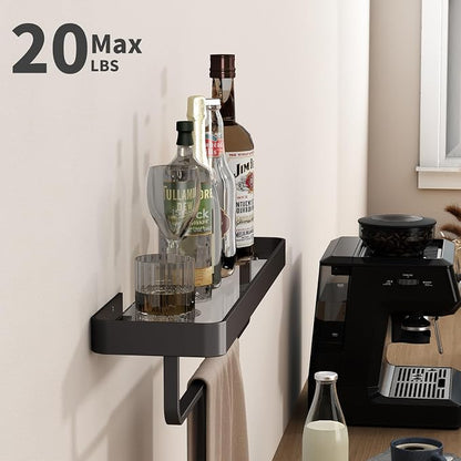 20 Inch Long Floating Bathroom Shelf with Towel Bar, Clear Tempered Glass Wall Shelf for Bathroom Storage Organizer, Matte Black