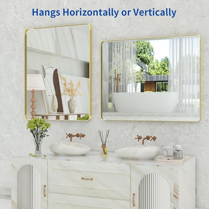 WEER 40X32 Inch Gold Bathroom Vanity Mirror | Rounded Rectangle Gold Mirror, Brushed Gold Metal Frame, Tempered Glass, Anti-Rust, Hangs Horizontally or Vertically