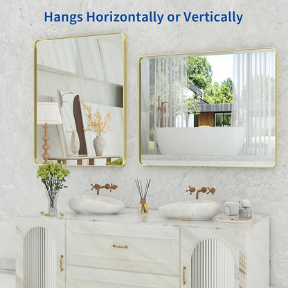 WEER 40X32 Inch Gold Bathroom Vanity Mirror | Rounded Rectangle Gold Mirror, Brushed Gold Metal Frame, Tempered Glass, Anti-Rust, Hangs Horizontally or Vertically