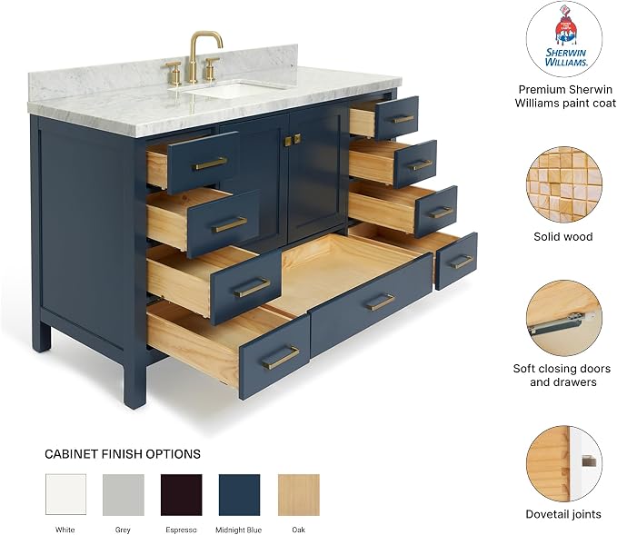 Beckford 60 Inch Bathroom Vanity Single Sink — Midnight Blue Bathroom Vanity with Sink, 1.5" Edge Italian Carrara Marble Countertop & Backsplash, 2 Soft-Close Doors, 9 Dovetail Drawers