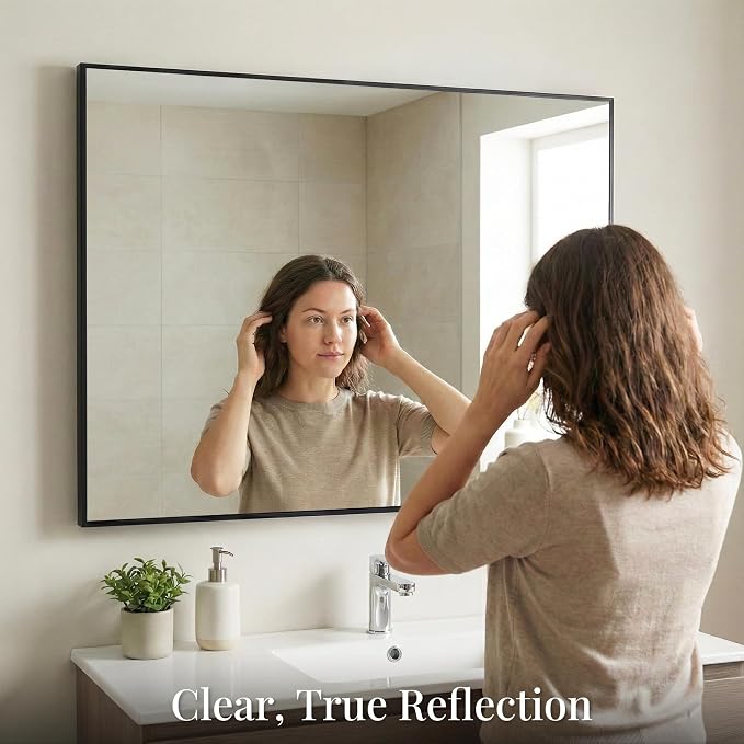 48"x36" Matte Black Large Framed Bathroom Vanity Wall Mirror | Large Vanity Wall Mirror, Slim Metal Frame, Dresser or Sideboard Use, Vertical/Horizontal Mount, Tempered Glass