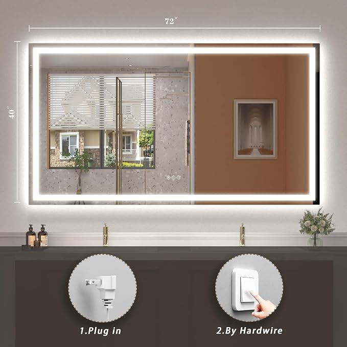 72x40 LED Lighted Bathroom Mirror for Vanity Wall | Front Light and Backlit, Anti-Fog, Memory, 3 Color, Tempered Glass, Dimmable, Rectangular, UL, Horizontal/ Vertical Mounted