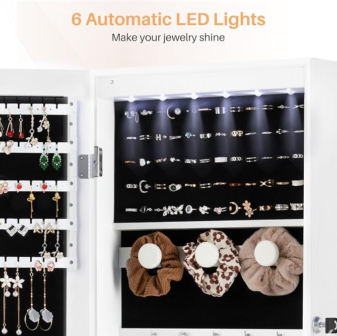 Jewelry Organizer Cabinet, Wall or Door Mounted 47.2-Inch Lockable Jewelry Armoire with Full-Length Mirror, 6 LEDs Large Capacity Jewelry Storage, White