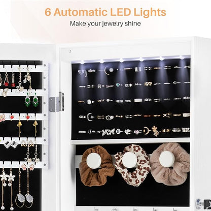 Jewelry Organizer Cabinet, Wall or Door Mounted 47.2-Inch Lockable Jewelry Armoire with Full-Length Mirror, 6 LEDs Large Capacity Jewelry Storage, White