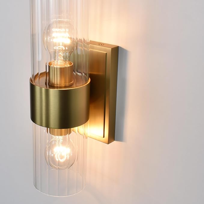 Gold Modern Bathroom Sconces Wall Lighting with Clear Ribbed Glass, Aged Brass 2-Light Bathroom Vanity Light Fixtures for Mirror Living Room Hallway Bedroom