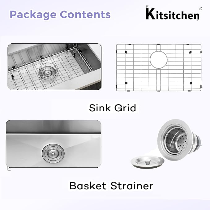 Kitsitchen RV Ktichen Sink,16 Gauge T304 Stainless Steel Undermount Kitchen Sinks with Sink Drain Strainer & Bottom Gird, 27" x 16" x 7" Single Bowl Drop In Kitchen Sink for RV, Outdoor and Bathroom