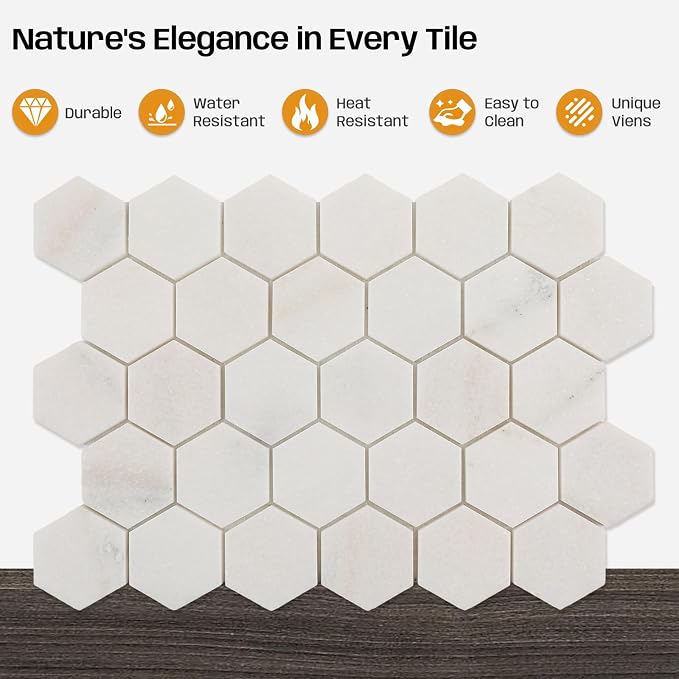 Marble Mosaic Tile, 2 Inch Hexagon, Honed, White Natural Stone Mosaic Tiles for Kitchen Backsaplsh, Shower Floor, Bathroom, Accent Wall, Pack of 5 Sheets
