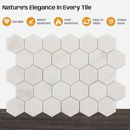 Marble Mosaic Tile, 2 Inch Hexagon, Honed, White Natural Stone Mosaic Tiles for Kitchen Backsaplsh, Shower Floor, Bathroom, Accent Wall, Pack of 5 Sheets