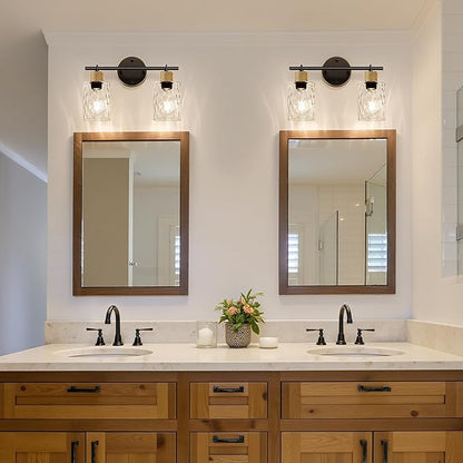 Bathroom Light Fixtures, 2-Light Coastal Vanity Lights with Crystal Glass Shade, Brown and Gold Bathroom Wall Lamp for Mirror Kitchen Hallway Cabinet