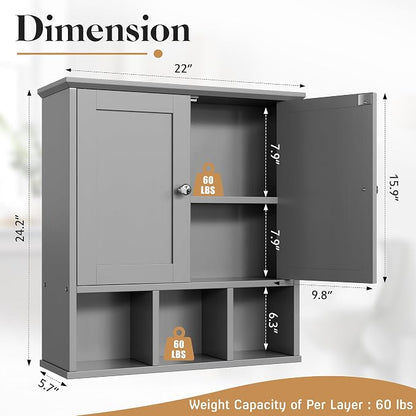 Bathroom Wall Cabinet, Bathroom Cabinet Wall Mount with 2 Doors and 3 Open Shelves, Over The Toilet Wood Medicine Cabinets for Laundry Room, Grey