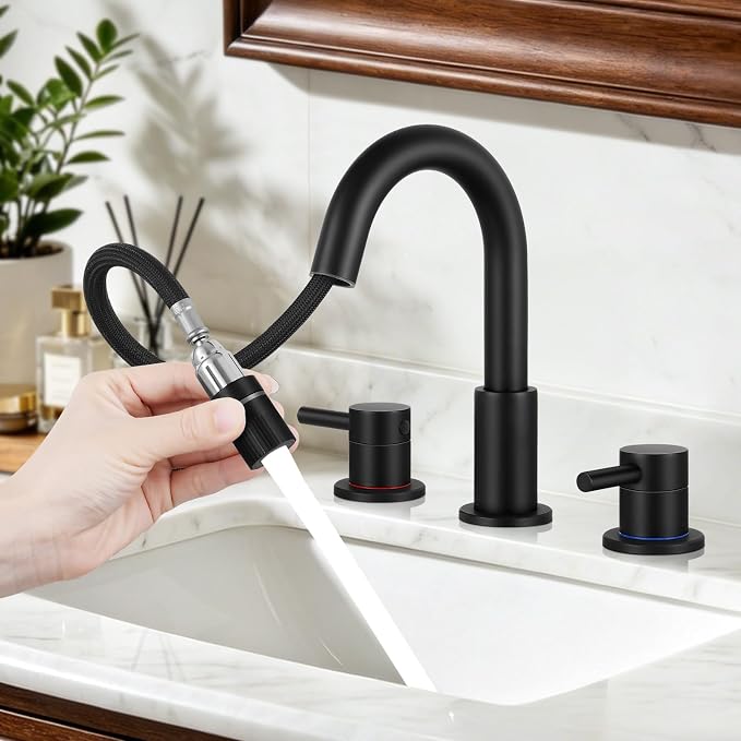 FGKQ Black Bathroom Faucet 3 Hole with Pull Down Sprayer and Pop Up Drain | Stainless steel, RV Bathroom Sink Faucet, 8-Inch widespread vanity faucet, 2-Handle,360° Swivel,llaves para lavamanos de baño