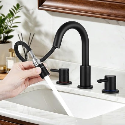 FGKQ Black Bathroom Faucet 3 Hole with Pull Down Sprayer and Pop Up Drain | Stainless steel, RV Bathroom Sink Faucet, 8-Inch widespread vanity faucet, 2-Handle,360° Swivel,llaves para lavamanos de baño