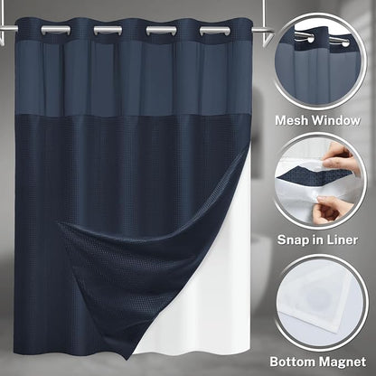 SORTTO No Hook Shower Curtain with Snap in Liner Set Waffle Shower Curtain for Bathroom Hotel Style Fabric Waterproof Inner Liner，54" W x 80" H, Navy Blue