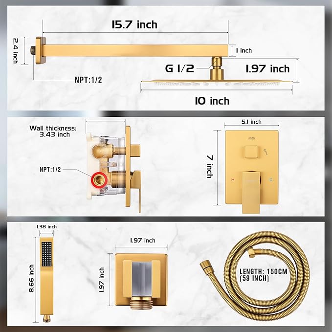 Rainfall Shower System - Wall Mounted Complete Combo with Solid Brass Pressure Balancing Valve, High Pressure Shower Head, Handle Set & Installation Accessories Brushed Gold 10"+Handheld Spray