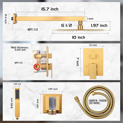 Rainfall Shower System - Wall Mounted Complete Combo with Solid Brass Pressure Balancing Valve, High Pressure Shower Head, Handle Set & Installation Accessories Brushed Gold 10"+Handheld Spray