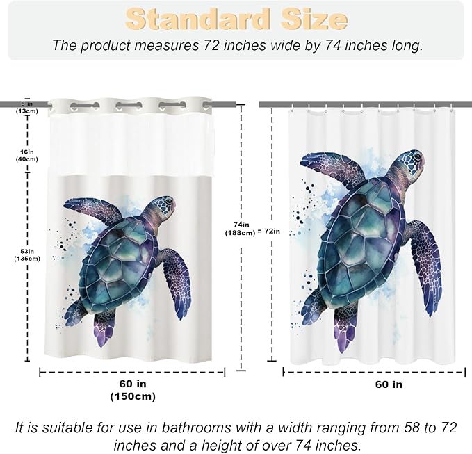 Funny Sea Turtle Shower Curtains Ocean Animal Cartoon Kids Theme No Hook Waffle Weave Shower Curtain with Snap in Liner Polyester Fabric Bathroom Decor Set 60 W x 74 H Inch Teal Purple