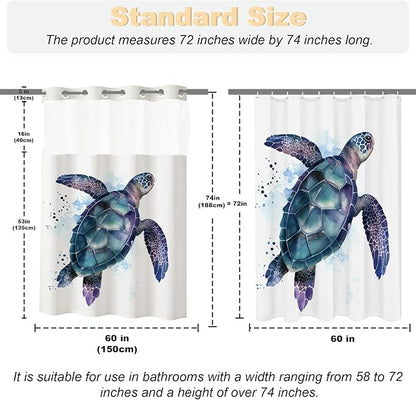 Funny Sea Turtle Shower Curtains Ocean Animal Cartoon Kids Theme No Hook Waffle Weave Shower Curtain with Snap in Liner Polyester Fabric Bathroom Decor Set 60 W x 74 H Inch Teal Purple
