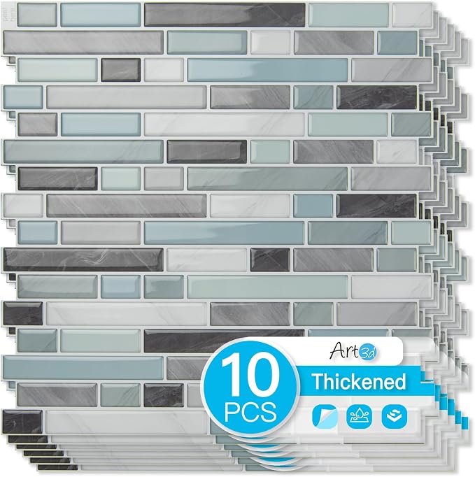Art3d Linear Design Tile Peel and Stick Backsplash, 10-Sheet, Gray & Blue | 12 x 12 Inch, Enhanced Thickness, Warp Resistant, Strong Adhesion, Sturdy, for Kitchen, Bedroom, Ideal for Home Improvement