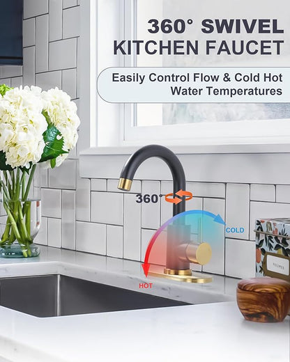 Modern Bar Sink Faucet: Single-Handle Black and Gold Bathroom Kitchen Sink Faucet, 1 Hole Wet Bar Sink Faucets with 360°Swivel Spout for bar RV Laundry Farmhouse