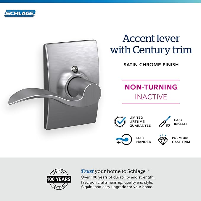 Schlage Accent Lever with Century Trim Non-Turning Lock in Satin Chrome - Left Handed