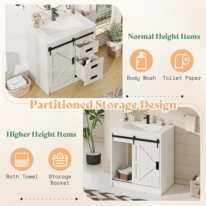 AMERLIFE Farmhouse Bathroom Vanity with Sink Combo, 31in Sliding Barn Door Bathroom Vanity Cabinet Set with Storage Drawers, Metal Handles, Small Single Bath Storage Vanity Sink, Antique White