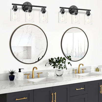 3-Light Black Vanity Lights, E26 Modern Bathroom Light Fixtures with Clear Glass Shade, Wall Lamps for Mirror Kitchen Hallway Cabinet Living Room Sconces Lights