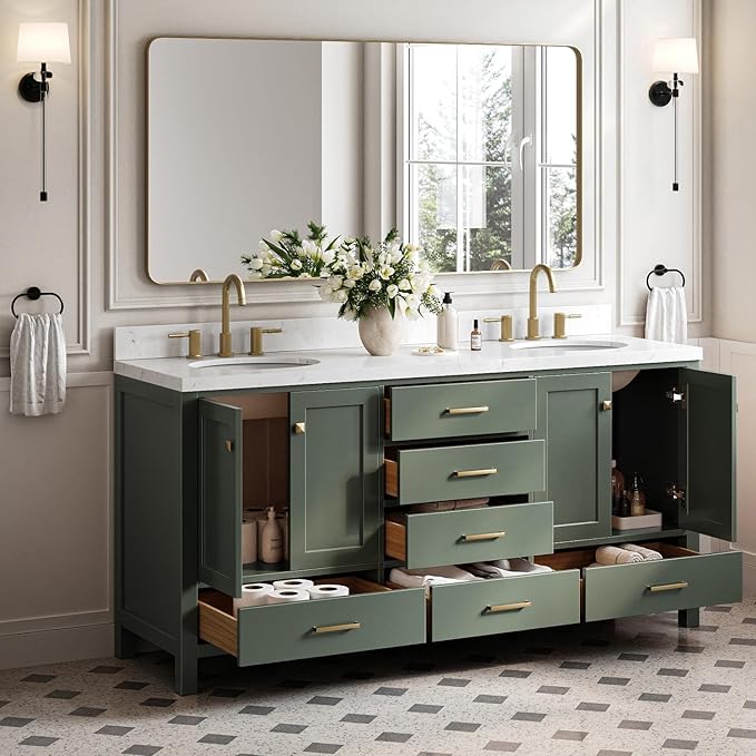 ARIEL Cambridge 72-inch Bathroom Vanity with Sink,Solid Wood, 1.5-inch Carrara White Quartz Countertop, Double Oval Porcelain Sink, 4 Soft Closing Doors, 6 Dovetail Drawers, Vintage Green
